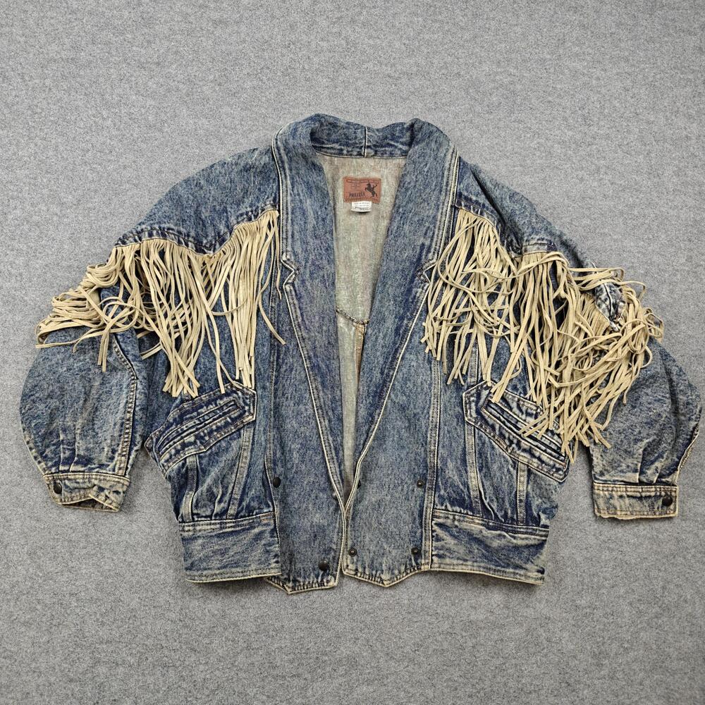 Vintage Prezzia Jacket Womens Small Blue Denim Bomber Fringe Collared Pockets